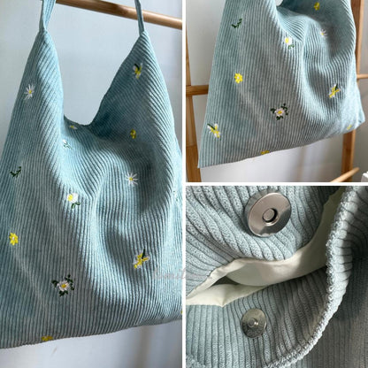 Floral Embroidered Corduroy Tote Bag