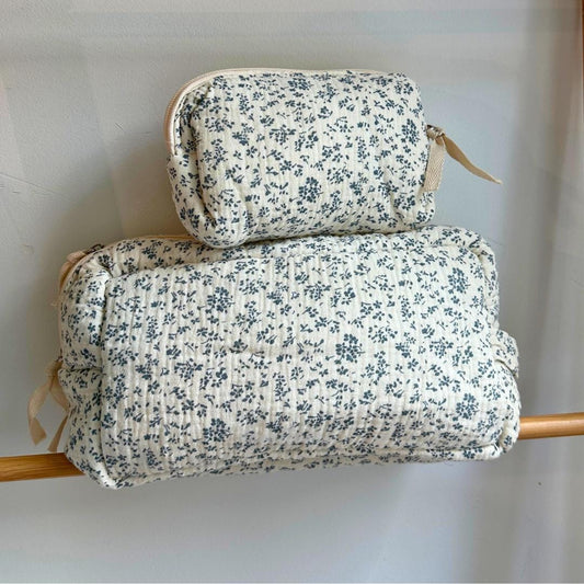 Vintage-Inspired Blue Floral Quilted Cotton Pouch Set