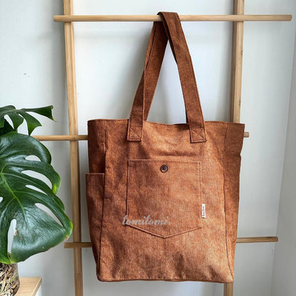 Premium Corduroy Tote Bag with Water Bottle Holder, Zipper Pocket & Snap Closure