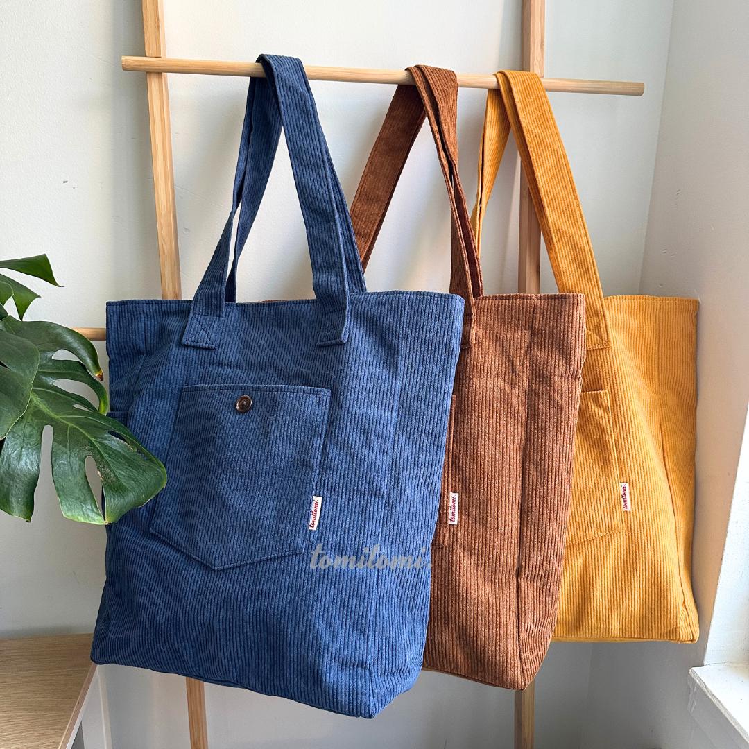 Premium Corduroy Tote Bag with Water Bottle Holder, Zipper Pocket & Snap Closure