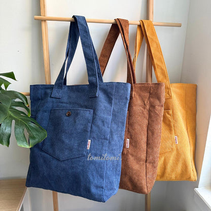 Premium Corduroy Tote Bag with Water Bottle Holder, Zipper Pocket & Snap Closure