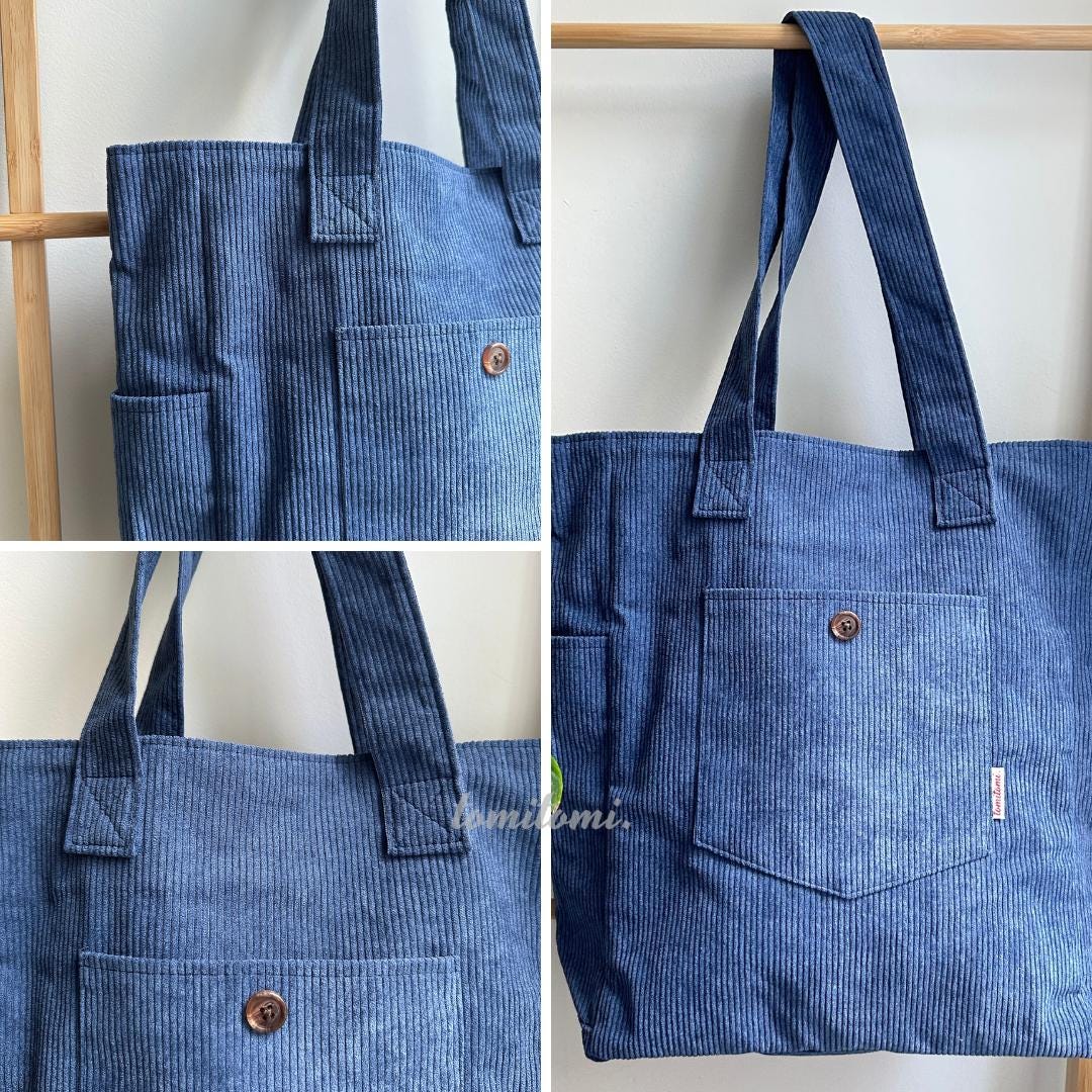 Premium Corduroy Tote Bag with Water Bottle Holder, Zipper Pocket & Snap Closure