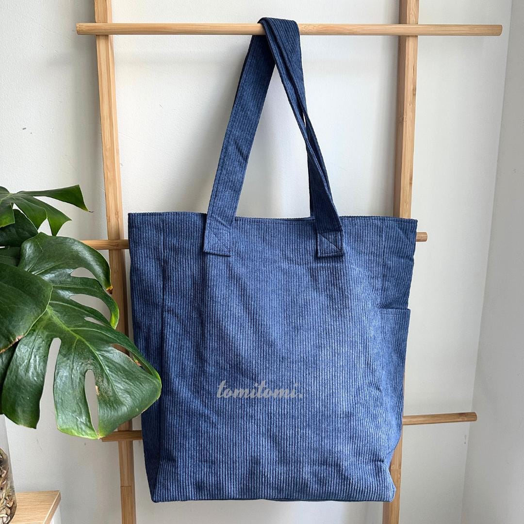 Premium Corduroy Tote Bag with Water Bottle Holder, Zipper Pocket & Snap Closure