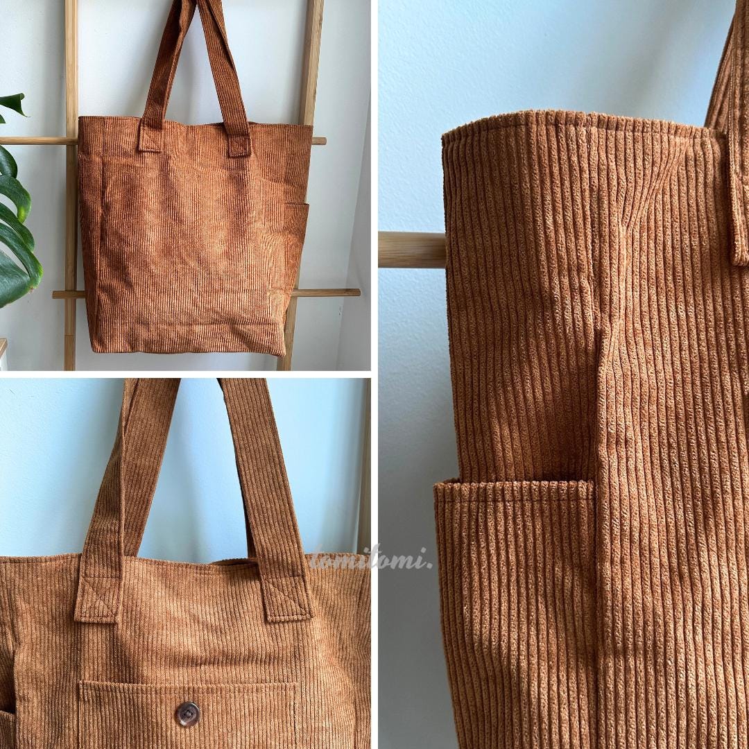 Premium Corduroy Tote Bag with Water Bottle Holder, Zipper Pocket & Snap Closure