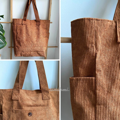 Premium Corduroy Tote Bag with Water Bottle Holder, Zipper Pocket & Snap Closure
