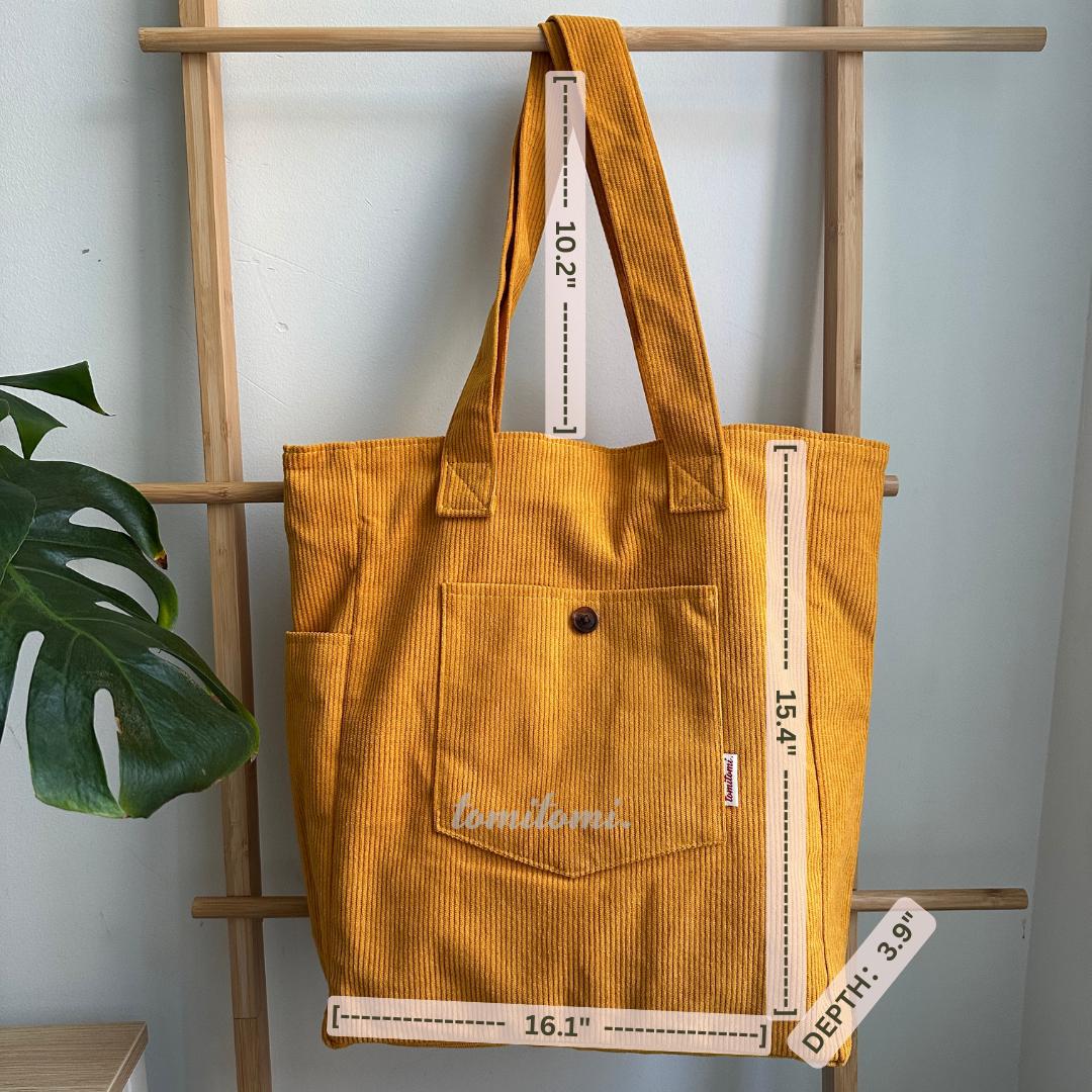 Premium Corduroy Tote Bag with Water Bottle Holder, Zipper Pocket & Snap Closure