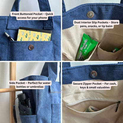 Premium Corduroy Tote Bag with Water Bottle Holder, Zipper Pocket & Snap Closure