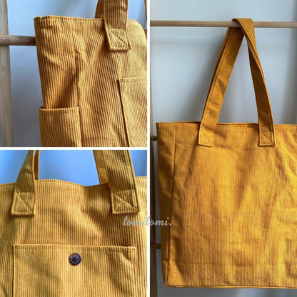 Premium Corduroy Tote Bag with Water Bottle Holder, Zipper Pocket & Snap Closure