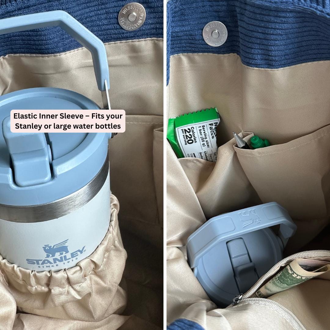 Premium Corduroy Tote Bag with Water Bottle Holder, Zipper Pocket & Snap Closure